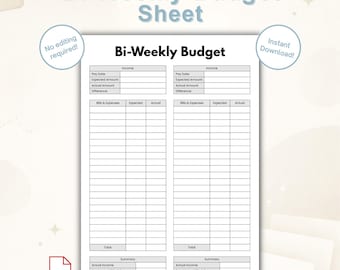 Afdrukbare tweewekelijkse pdf-begroting | Salarisbudgetplanner | Twee weken inkomsten-uitgaventracker | A4 en Amerikaanse brief direct downloaden