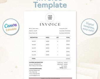 Modello di fattura minimale / Modulo di fattura Canva modificabile per piccole imprese, formato A4 e lettera USA