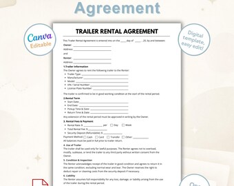 Sjabloon aanhangerverhuurovereenkomst | Bewerkbaar trailerleasecontract | Formulier voor camper- en camperverhuur | Afdrukbare pdf van één pagina