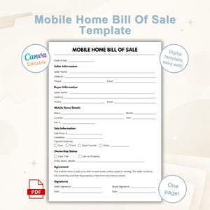 Mobile Home Bill of Sale Template | Editable Manufactured Home Sale Form | Printable Property Sale Contract | PDF Instant Download
