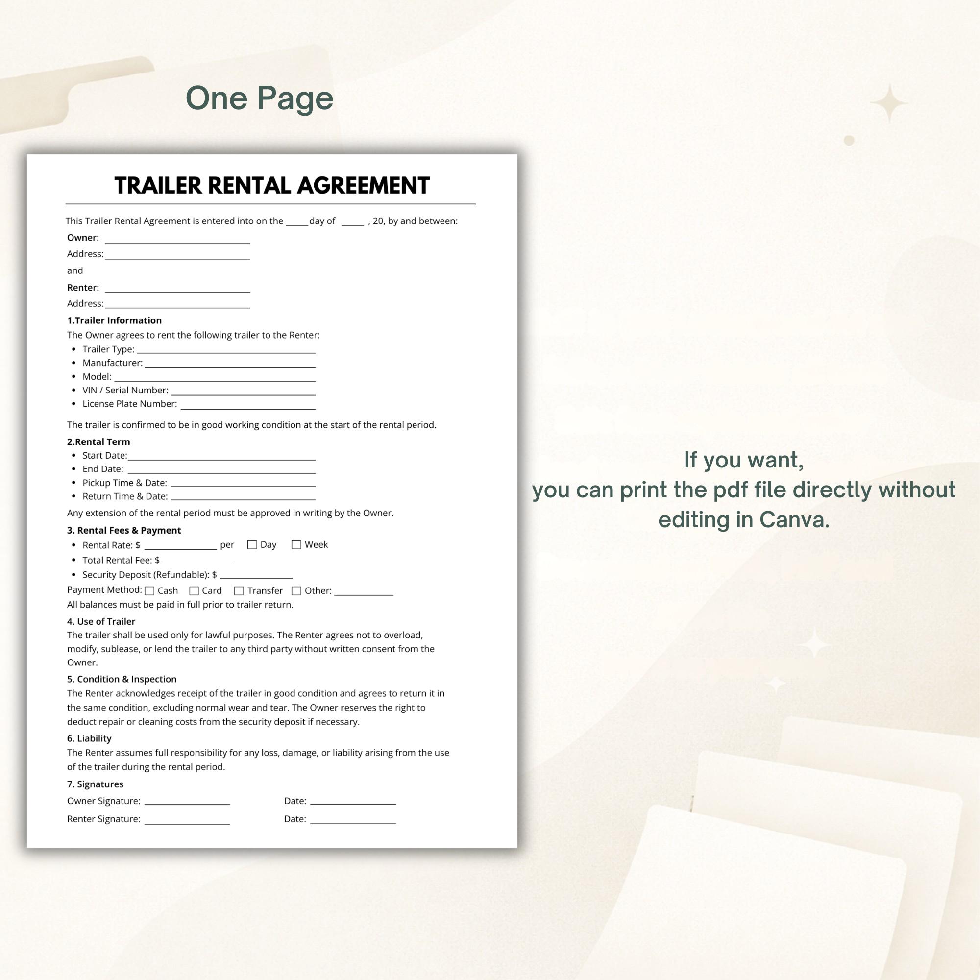 Trailer Rental Agreement Template | Editable Trailer Lease Contract ...