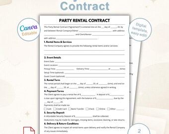 Modello di contratto per noleggio per feste / Contratto di noleggio per eventi modificabile / Contratto per feste ed eventi stampabile / Download immediato