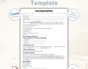 Eviction Notice Template | Editable Notice to Vacate Form | Landlord Tenant Eviction Letter | Printable PDF Instant Download