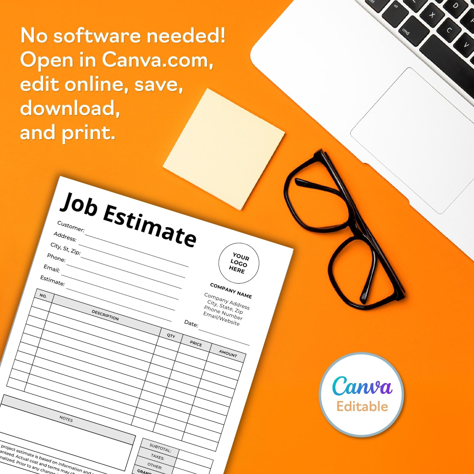 Job Estimate Template Canva Editable | Work Estimate Form ...