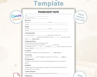 Sjabloon promesse in canva bewerkbaar | Formulier persoonlijke leningovereenkomst | Afdrukbaar leencontract | Eén pagina pdf direct downloaden