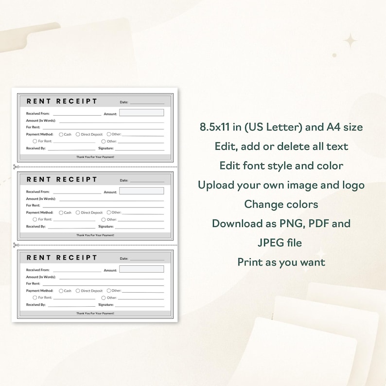 Printable Rent Rec Printable Rent Receipt Template | Editable Canva Rent Receipt PDF for ...