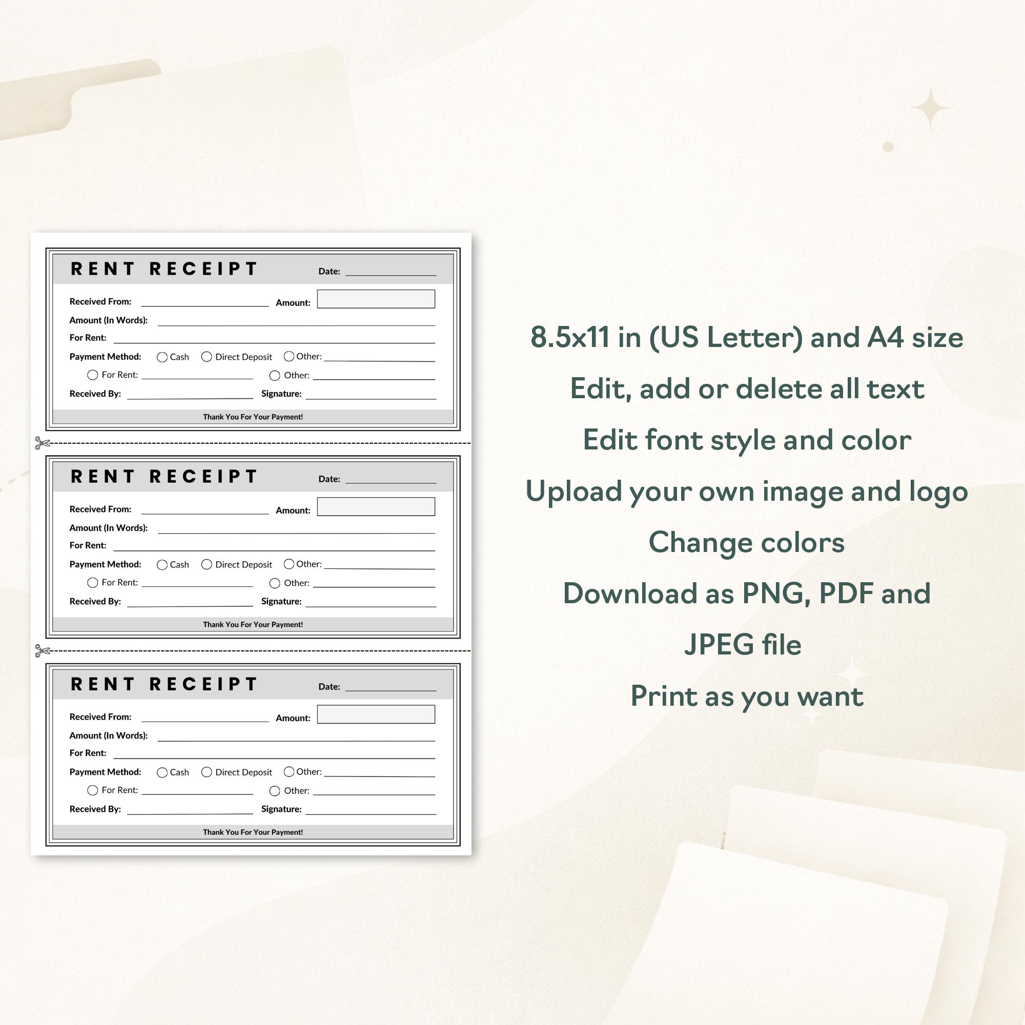 Printable Rent Receipt Template | Editable Canva Rent Receipt PDF for