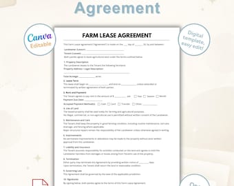 Sjabloon boerderijleasecontract | Huurovereenkomst landbouwgrond van één pagina | Afdrukbare en canvas bewerkbare pdf landbouwlease | Direct downloaden