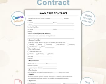 Sjabloon contract gazononderhoud canva bewerkbaar | Serviceovereenkomst landschapsarchitectuur | Afdrukbaar gazonservicecontract | Eén pagina pdf direct downloaden