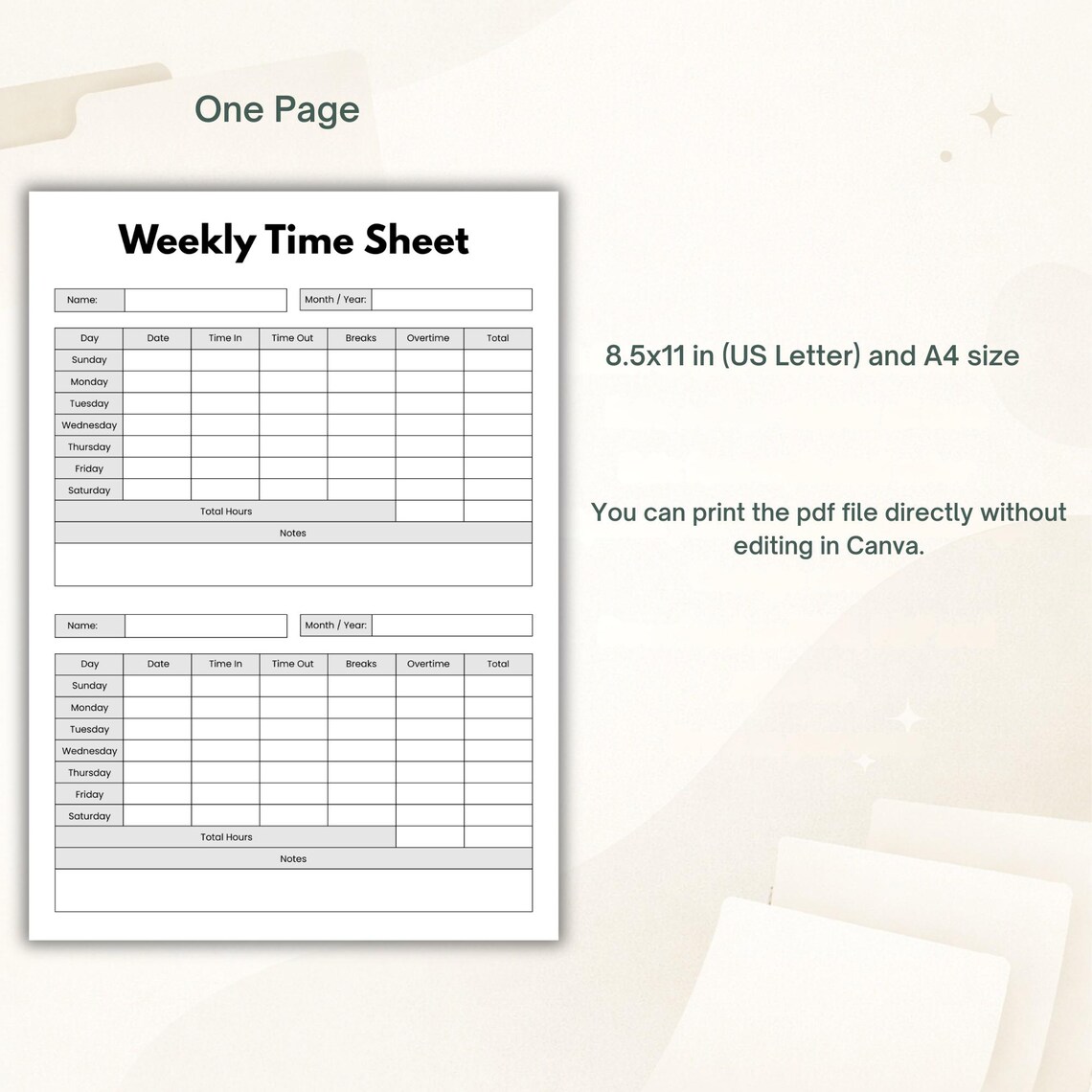 Printable Weekly Time Sheet PDF | Employee Work Hours Log | Staff ...