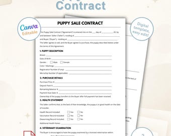 Modello di contratto di vendita di cuccioli / Contratto di acquisto di cuccioli modificabile / Contratto di vendita di cani stampabile / Download immediato