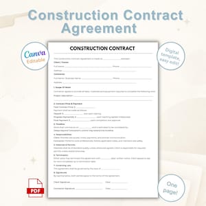 Bewerkbare bouwcontractovereenkomst | Sjabloon voor één pagina-constructiecontract | Canva bewerkbare en afdrukbare pdf