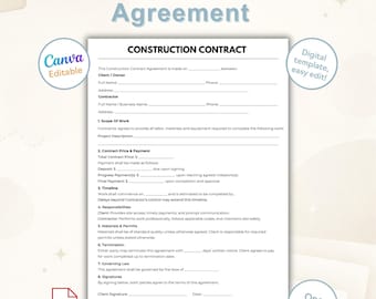 Bewerkbare bouwcontractovereenkomst | Sjabloon voor één pagina-constructiecontract | Canva bewerkbare en afdrukbare pdf