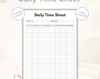 Afdrukbare pdf met dagelijkse urenstaat | Urenstaat werknemer afdrukbaar | Logboek werkuren | Formulier voor dagelijkse tijdregistratie | A4-brief direct downloaden