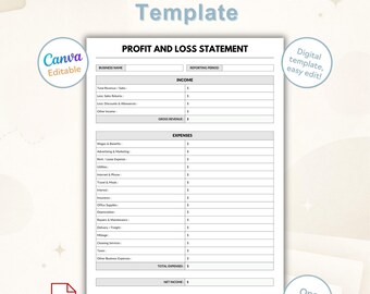 Afdrukbare sjabloon voor winst- en verliesrekening | Resultatenrekening kleine bedrijven | P&L-sjabloon | Canva bewerkbare en afdrukbare pdf