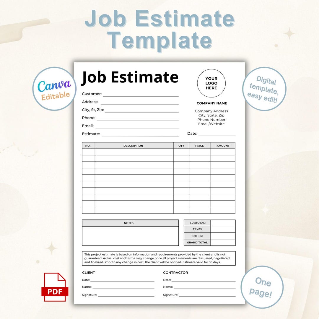 Job Estimate Template Canva Editable | Work Estimate Form ...