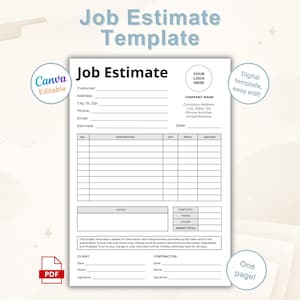 Job Estimate Template Canva Editable | Work Estimate Form | Construction Estimate Sheet | Printable PDF Instant Download