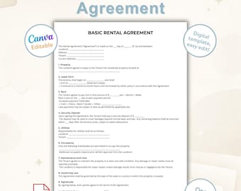 Bewerkbare canvassjabloon voor basishuurovereenkomst | Leasecontractformulier van één pagina | Afdrukbare huurovereenkomst huis | Pdf direct downloaden