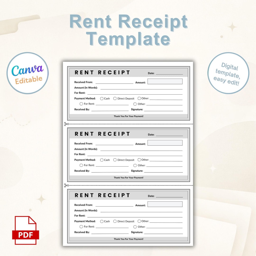 Printable Rent Receipt Template | Editable Canva Rent Receipt PDF for