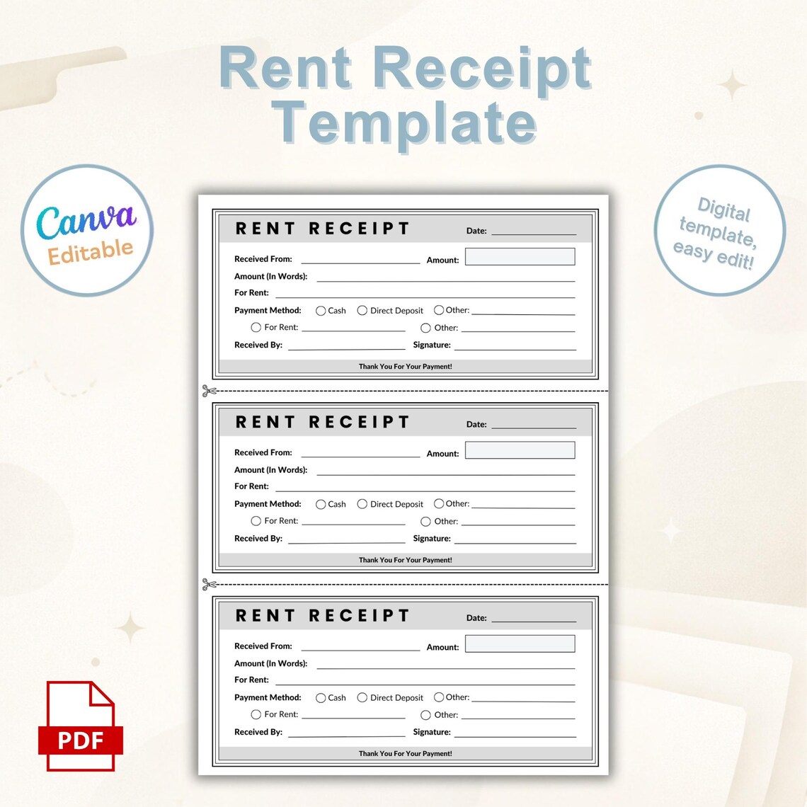 Printable Rent Receipt Template | Editable Canva Rent Receipt PDF for ...
