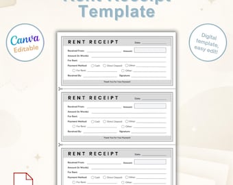 Afdrukbare sjabloon huurbon | Bewerkbare pdf-canva-huurbon voor huurbetaling | Directe digitale download