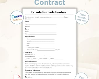 Contract verkoop privéauto canva bewerkbaar | Overeenkomst verkoopfactuur voertuig | Afdrukbaar formulier voor automatische verkoop | Eén pagina pdf direct downloaden