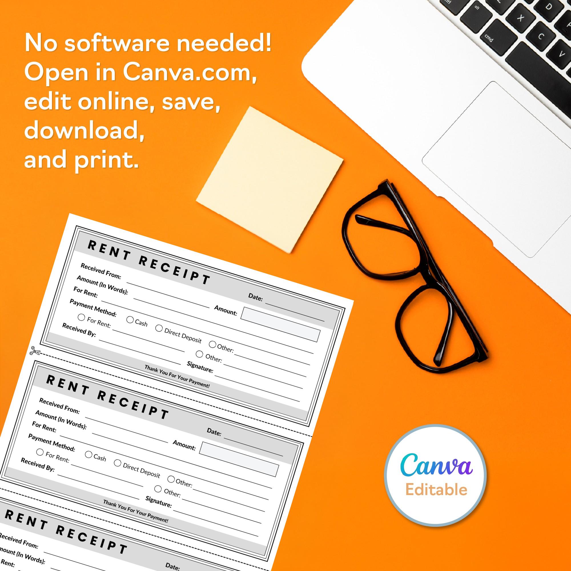 Printable Rent Receipt Template | Editable Canva Rent Receipt PDF for