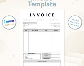 Modello di fattura semplice / Modulo di fattura Canva modificabile in bianco e nero, formato A4 e lettera USA