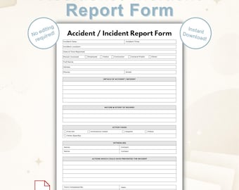 Afdrukbaar pdf-formulier ongeval-incidentrapport | Logboek veiligheidsrapporten op de werkplek | Blessureblad | A4 US-brief direct downloaden