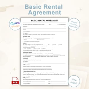 Basic Rental Agreement Canva Editable Template | One Page Lease Contract Form | Printable House Rental Agreement | PDF Instant Download