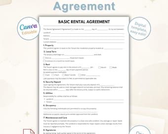 Basic Rental Agreement Canva Editable Template | One Page Lease Contract Form | Printable House Rental Agreement | PDF Instant Download
