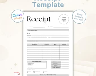 Ontvangstsjabloon bewerkbaar in canva | Afdrukbaar betalingsbewijs voor kleine bedrijven | Digitale download (A4- en US Letter)