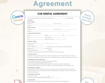 Sjabloon autoverhuurovereenkomst voor één pagina | Bewerkbaar en afdrukbaar voertuigverhuurcontract | Canva-bewerkbare pdf | Autoleaseovereenkomst