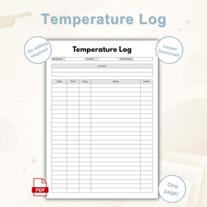 Può includere: Un documento bianco di registro della temperatura con il titolo "Temperature Log" in alto. Il documento include campi per l'attrezzatura, la posizione e l'intervallo di temperatura. Ha anche sezioni per data, ora, temperatura, note e iniziali. Il documento è etichettato come "Instant Download!" e "One page!"