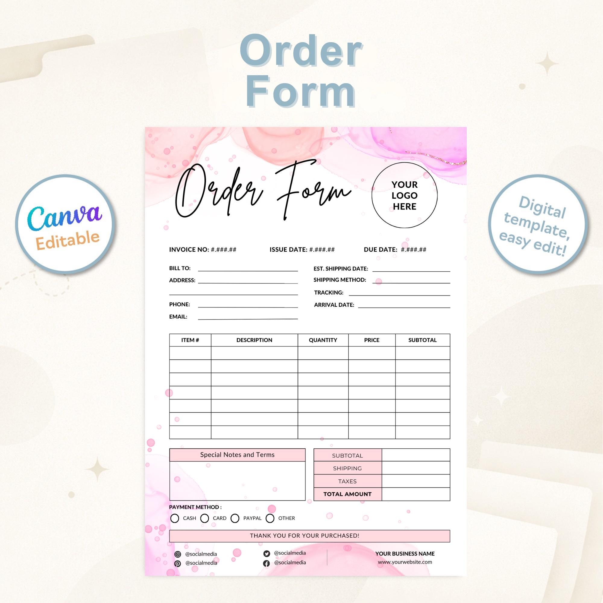 Editable Order Form Template | Canva Order Form for Small Business - Etsy
