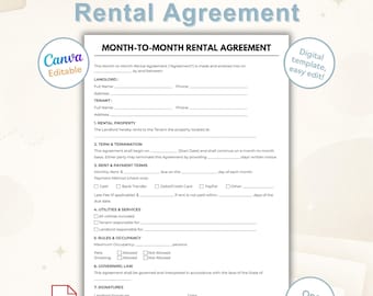 Huurovereenkomst van één pagina van maand tot maand | Bewerkbare canvassjabloon | Afdrukbaar leaseformulier voor huurder en verhuurder