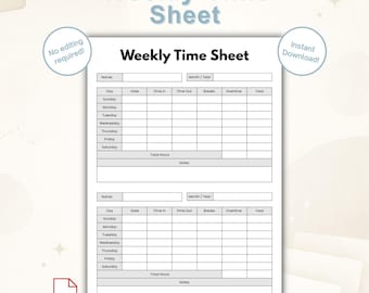 Afdrukbare pdf met wekelijkse urenstaat | Werkurenlogboek werknemer | Urenregistratie personeel | A4 en Amerikaanse brief direct downloaden
