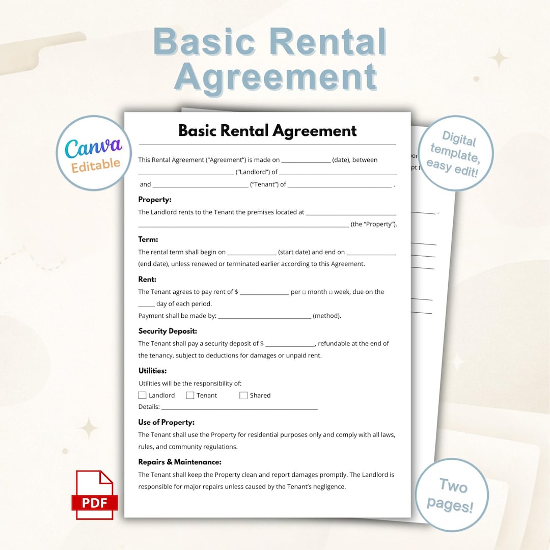 Basic Rental Agreement Template | Editable Lease Contract | Printable ...