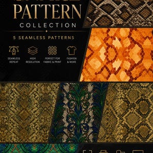 Puede incluir: Una colección digital de cinco patrones de serpiente sin costuras con diversas texturas y colores, incluyendo marrón, naranja, dorado, verde y azul. La imagen incluye el texto Snake Pattern Collection, 5 Seamless Patterns y 4000 x 4000 Pixels.