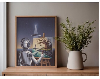 Robot Artist Painting UFO, Sci-Fi Coastal Art (Digital Download/Physical Print)