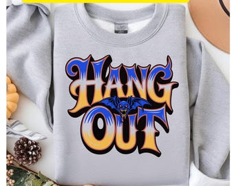 Hang Out Bat Sweatshirt, Spooky Bat Graphic Crewneck, Oversized Aesthetic Jumper, Edgy Streetwear Hoodie, Alternative Gift, Unisex Clothing