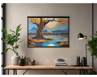 Gnarled Tree Sunset Lake Art Print, Earthy Tone Landscape (Digital Download/Physical Print)