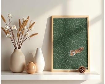 Japanese Tiger Wall Art Print, Green Jungle Animal Artwork, Asian Style Home Decor Poster