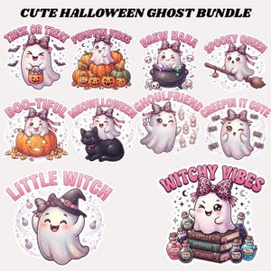 Paquete de fantasmas lindos PNG, imágenes prediseñadas de fantasmas de patchwork, diseño de camiseta de Summerween, fantasma de calabaza de Halloween PNG, sublimación de otoño, descarga digital