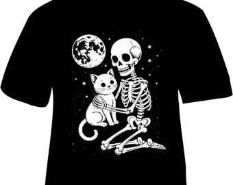 Skeleton Cat T-Shirt Design | Gothic Halloween PNG (Digital Download)