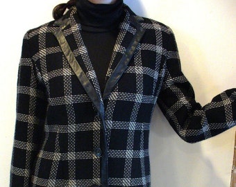 Banana Republic Leather Trim Checkered Wool Coat Size S