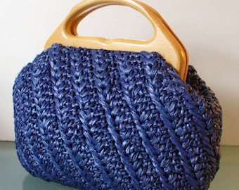 Vintage Navy  Raffia Handbag With Wood Handle By ADG