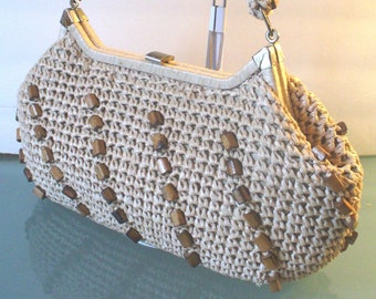 Vintage Raffia Handbag With Wood Bead Detail