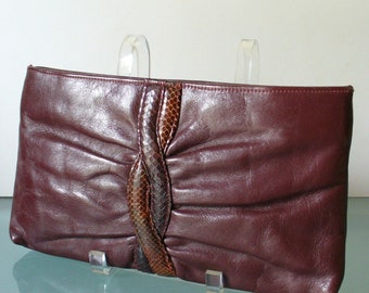 Vintage Burgandy Leather With Snakeskin Detail Clutch