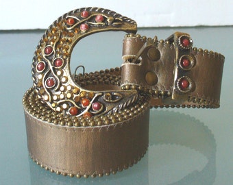 Vintage Leatherock Cabuchon Buckle  Belt Size M 34